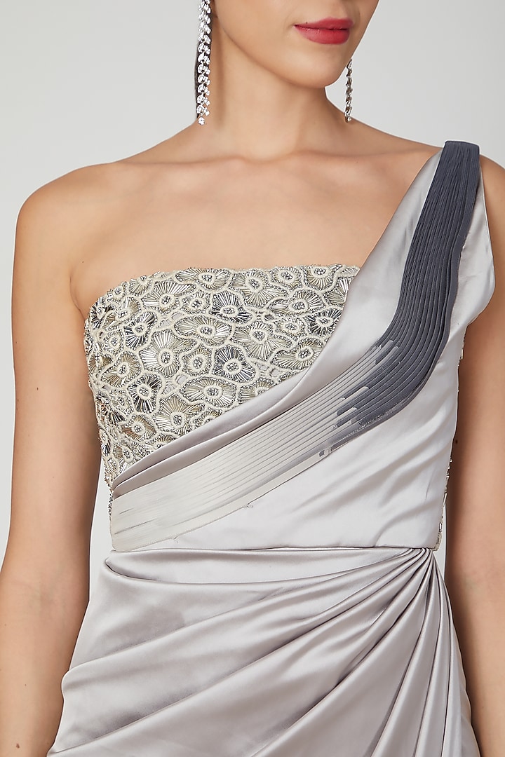 Grey Embroidered One Shoulder Gown by Amit Aggarwal at Pernia's Pop Up Shop