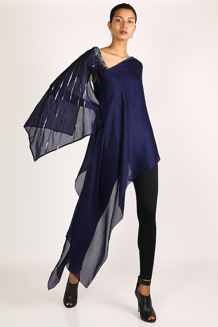 Midnight Blue Aymmetric Cape Top by Amit Aggarwal