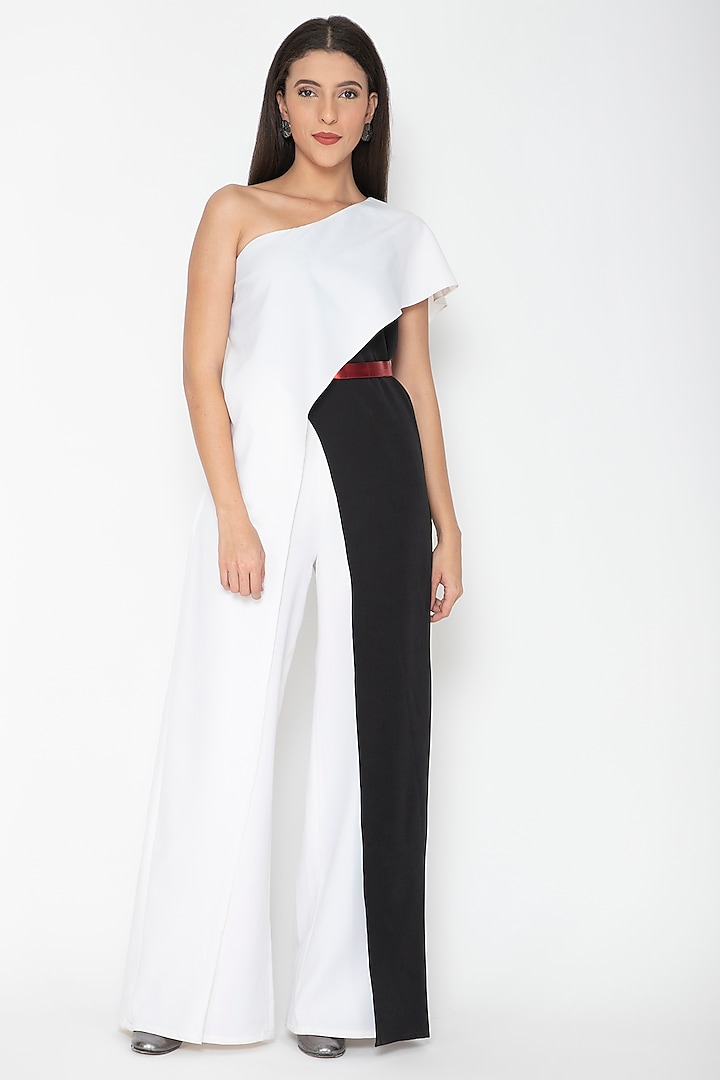 White Flared Colorblocked Jumpsuit Design by Amit Aggarwal at Pernia's ...
