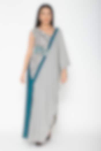 Turquoise Printed Draped Dress by Amit Aggarwal