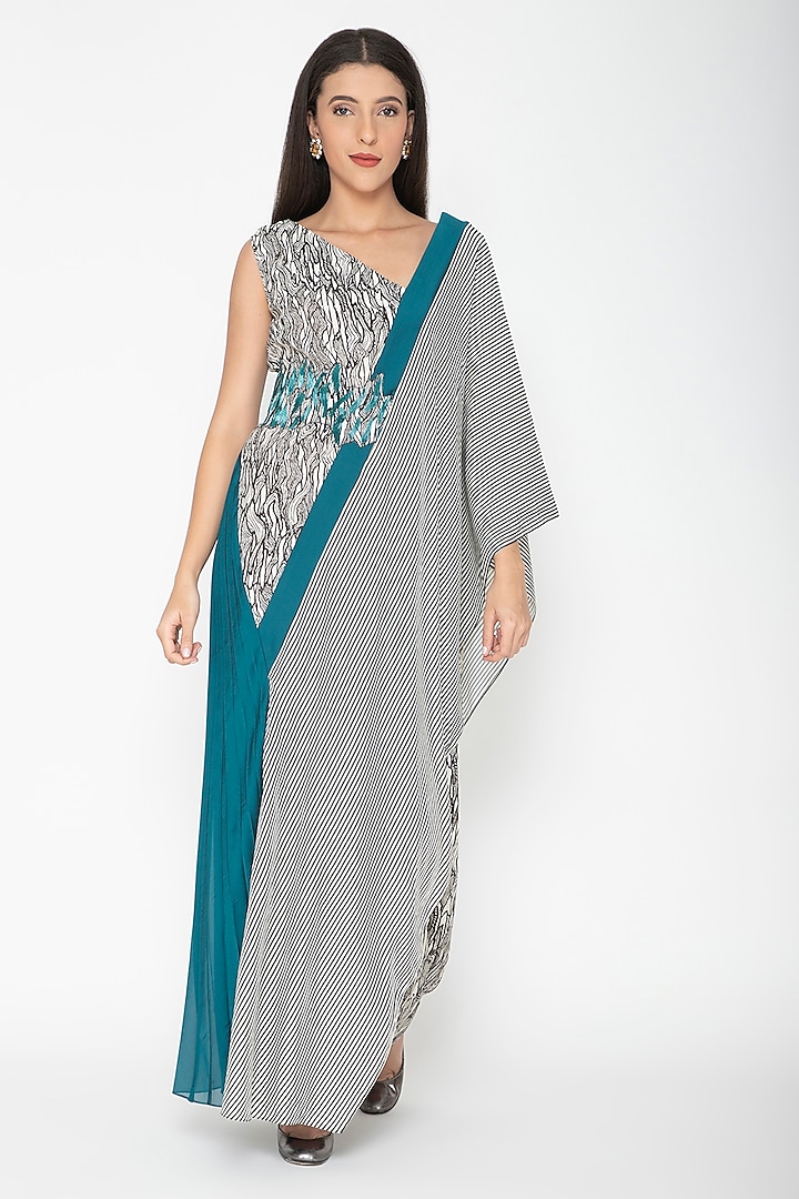 Turquoise Printed Draped Dress by Amit Aggarwal