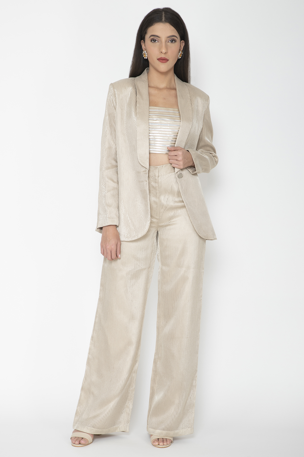 Gold Striped Polyester Pantsuit by Amit Aggarwal at Pernia's Pop Up Shop