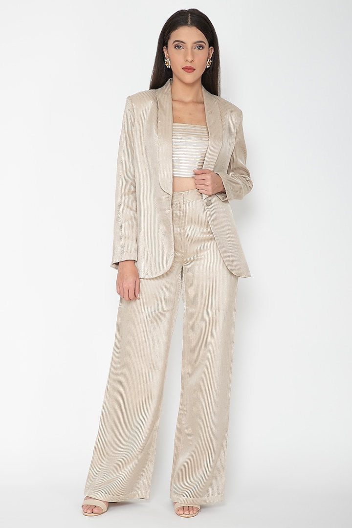 Gold Striped Polyester Pantsuit by Amit Aggarwal