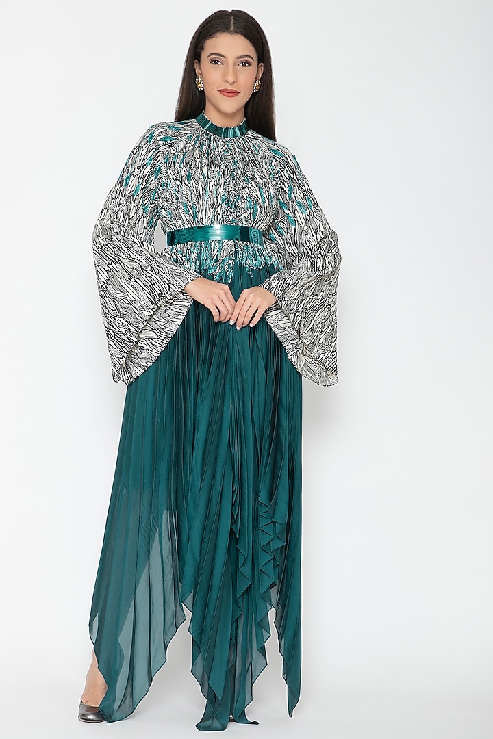 Turquoise Draped Kaftan Dress by Amit Aggarwal