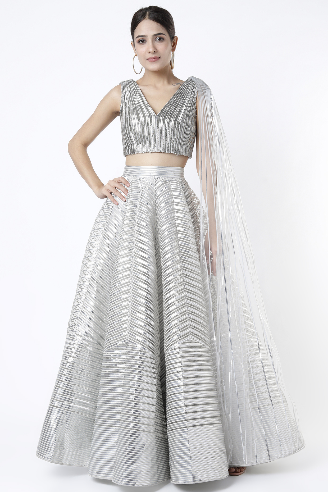 Silver Metallic Striped Bridal Lehenga Set by Amit Aggarwal at Pernia's Pop Up Shop