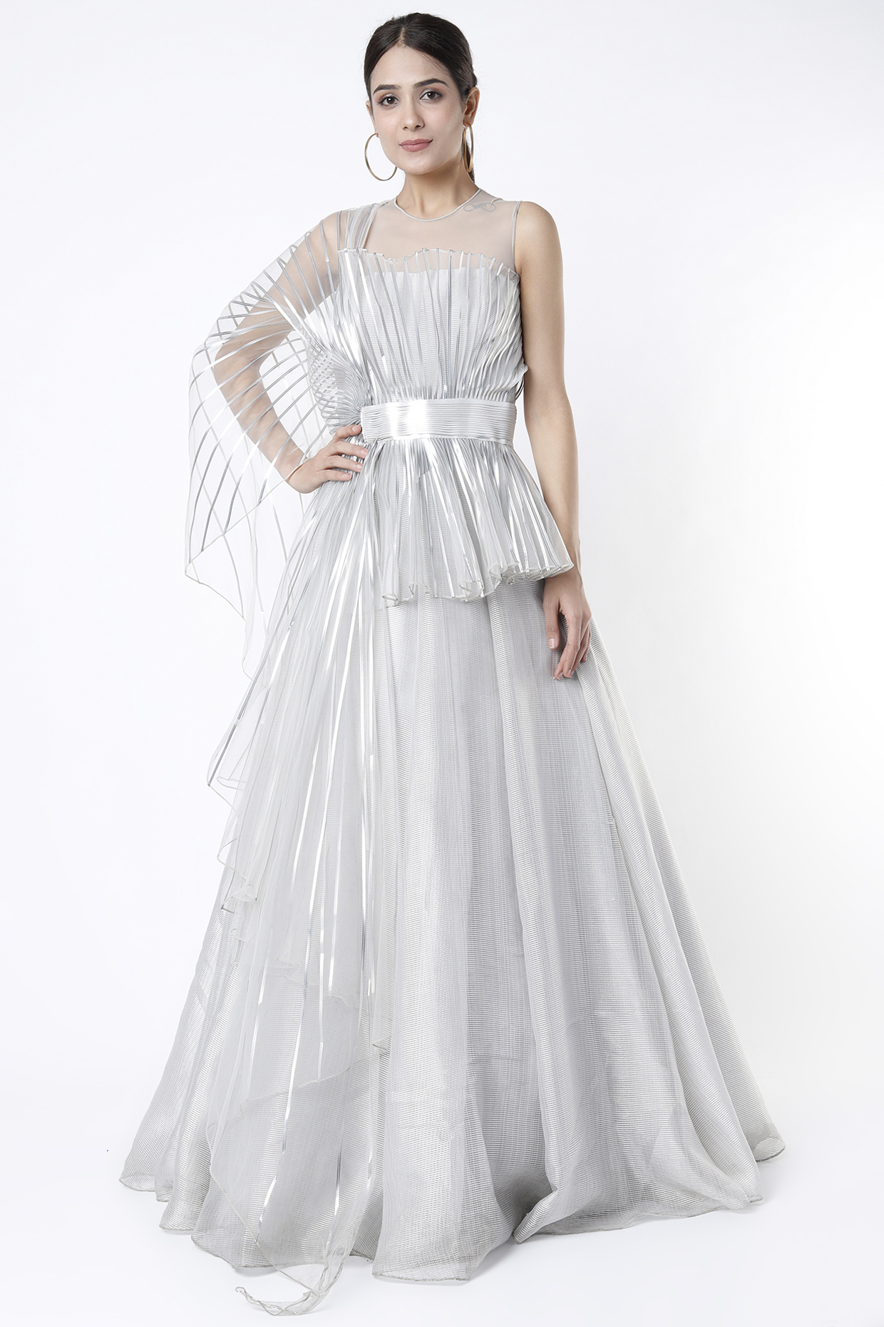 Silver Striped Bridal Gown With Belt by Amit Aggarwal at Pernia's Pop Up Shop