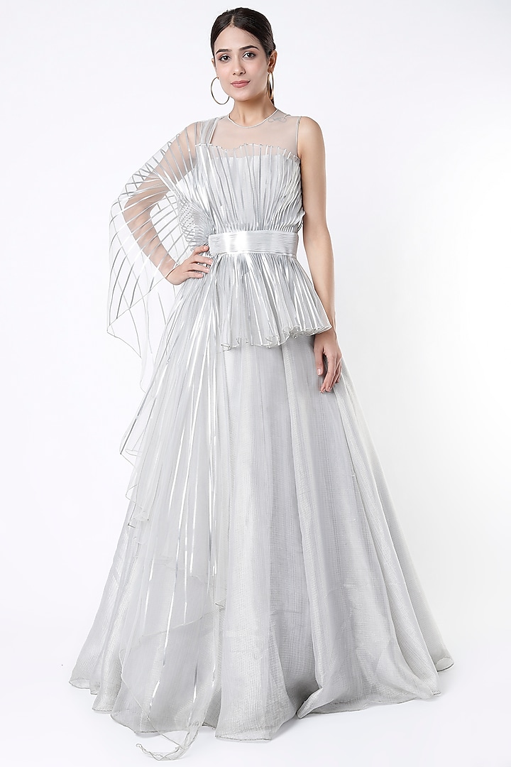 Silver Striped Gown With Belt by Amit Aggarwal