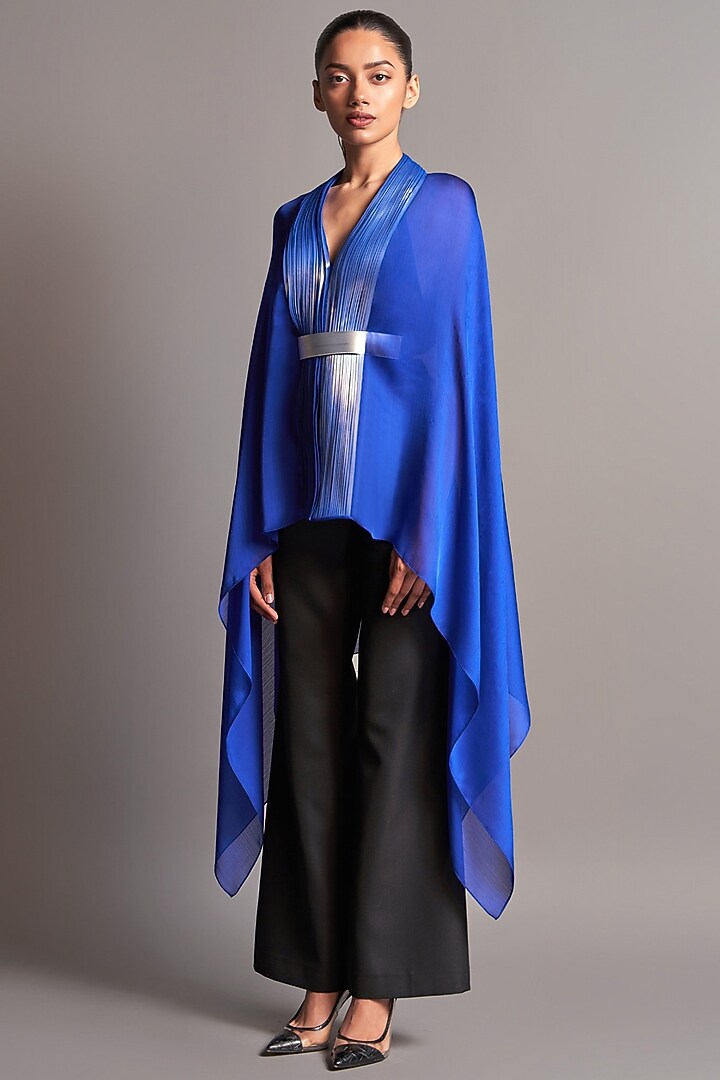 Electric Blue Metallic Polymer Cape by Amit Aggarwal at Pernia's Pop Up Shop
