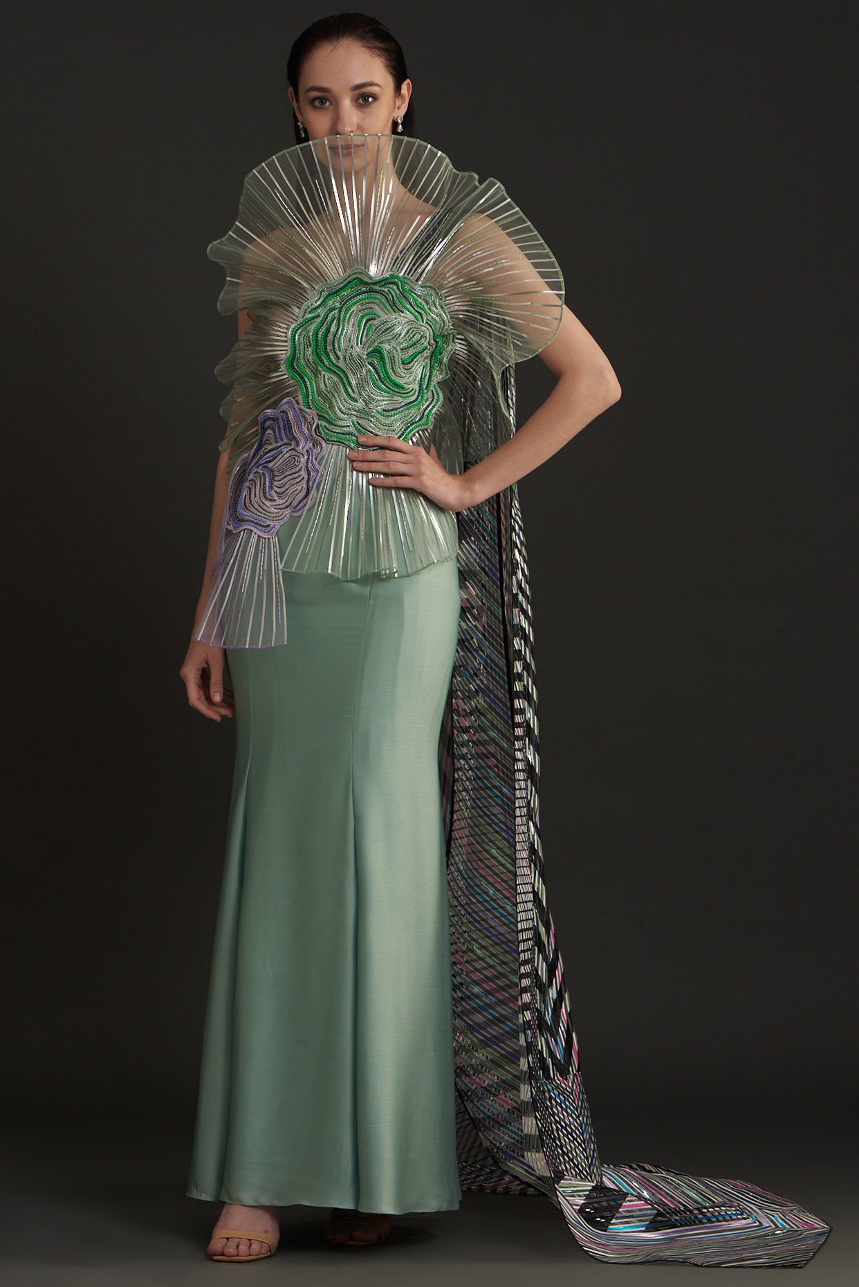 Green Metallic Polymer Wedding Gown by Amit Aggarwal at Pernia's Pop Up Shop