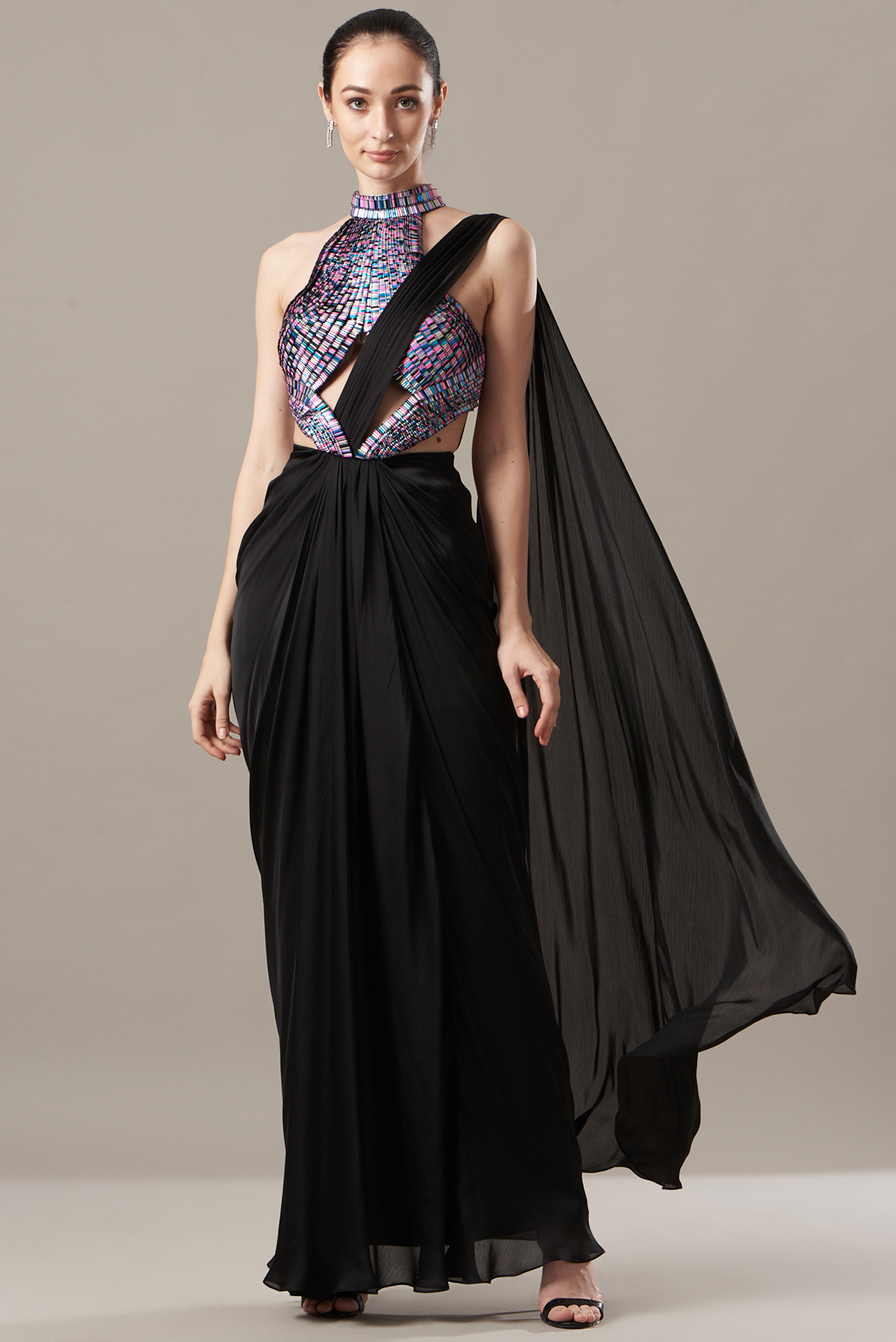 Black Pre-Draped Reception Saree Set by Amit Aggarwal at Pernia's Pop Up Shop