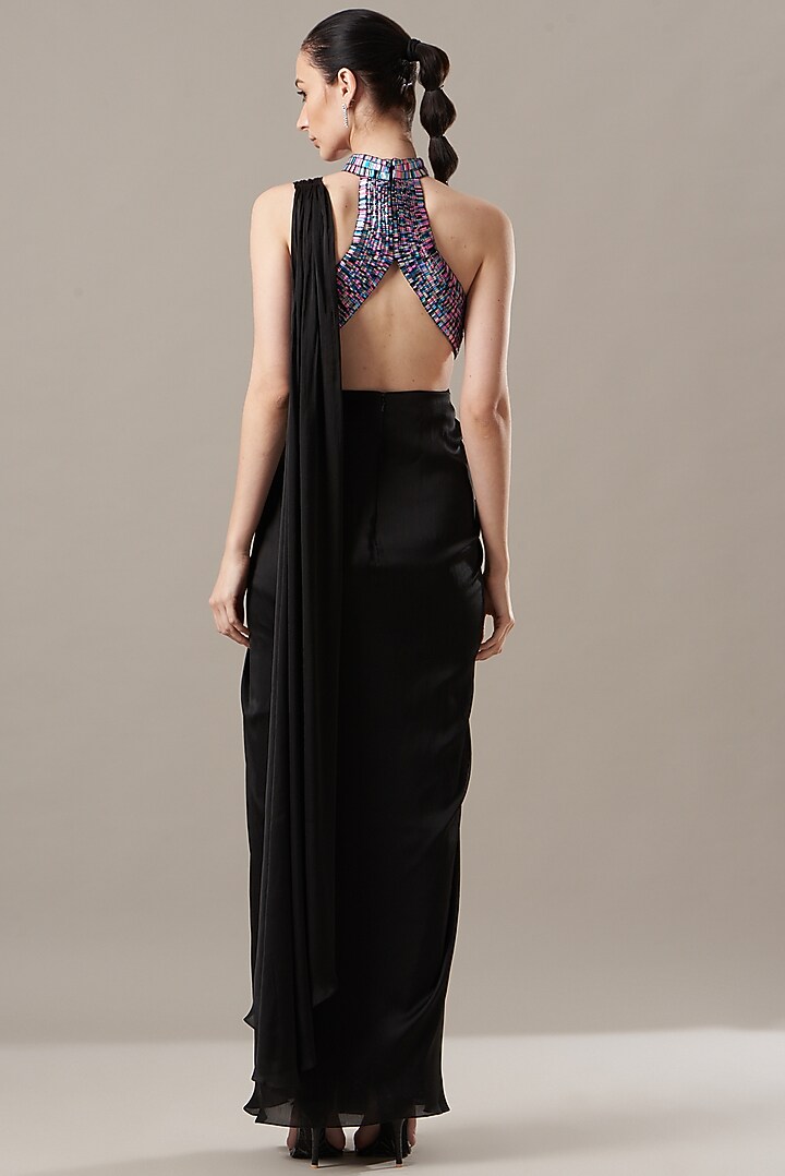 Black Pre-Draped Reception Saree Set by Amit Aggarwal at Pernia's Pop Up Shop