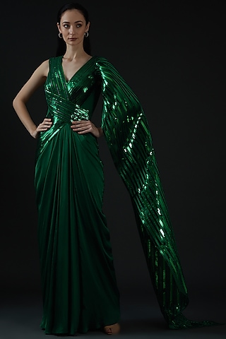 Emerald Green Chiffon & Mesh Pre-Draped Saree by Amit Aggarwal