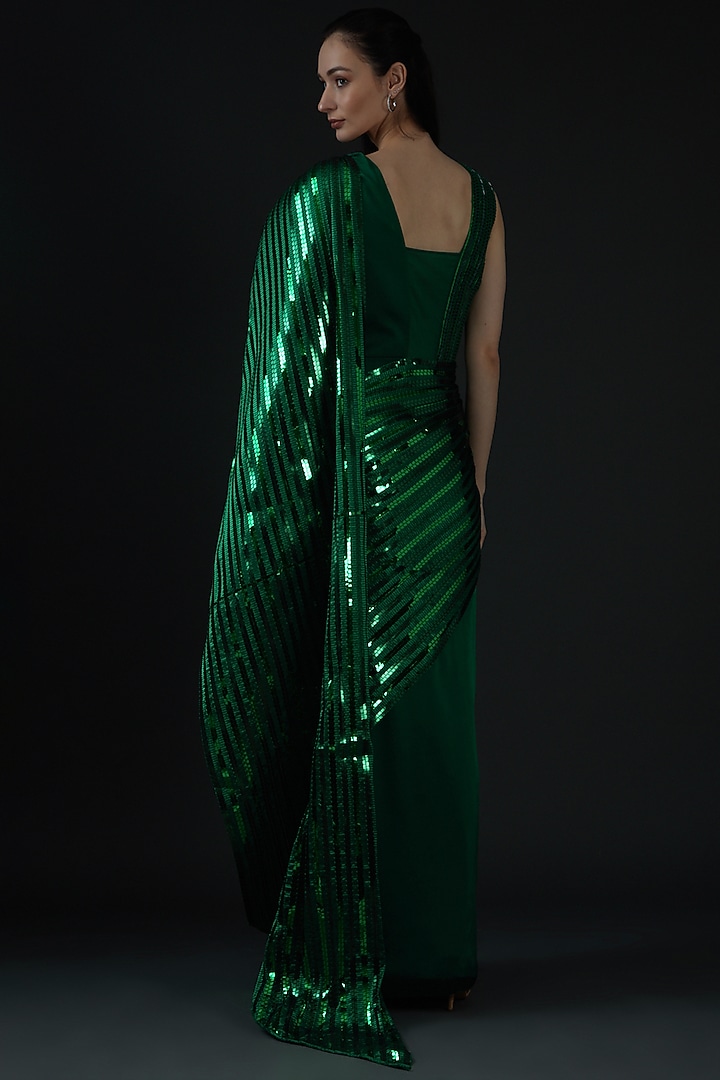 Emerald Green Chiffon & Mesh Pre-Draped Reception Saree by Amit Aggarwal at Pernia's Pop Up Shop