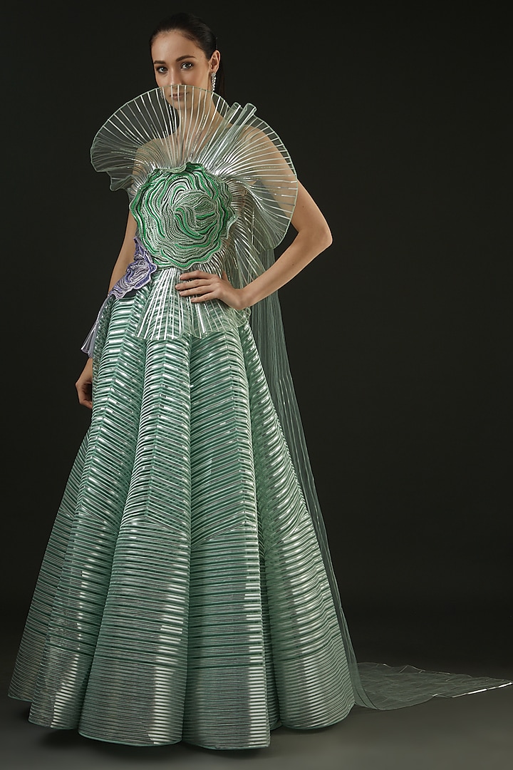 Mint Mesh & Metallic Polymer Bridal Lehenga Set by Amit Aggarwal at Pernia's Pop Up Shop
