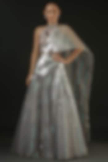 Silver Tulle & Striped Bridal Lehenga Set by Amit Aggarwal at Pernia's Pop Up Shop