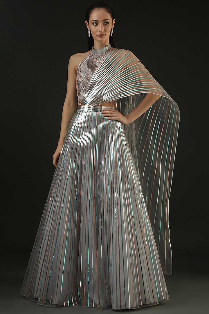 Silver Tulle & Striped Bridal Lehenga Set by Amit Aggarwal at Pernia's Pop Up Shop