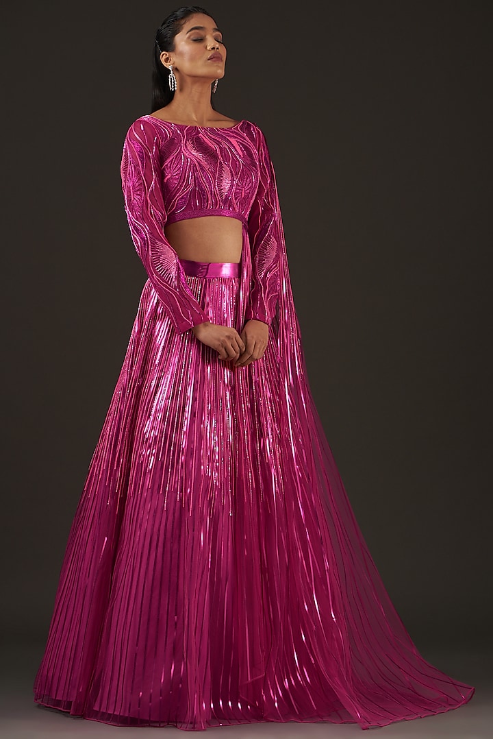 Fuchsia Striped & Tulle Bridal Lehenga Set by Amit Aggarwal at Pernia's Pop Up Shop