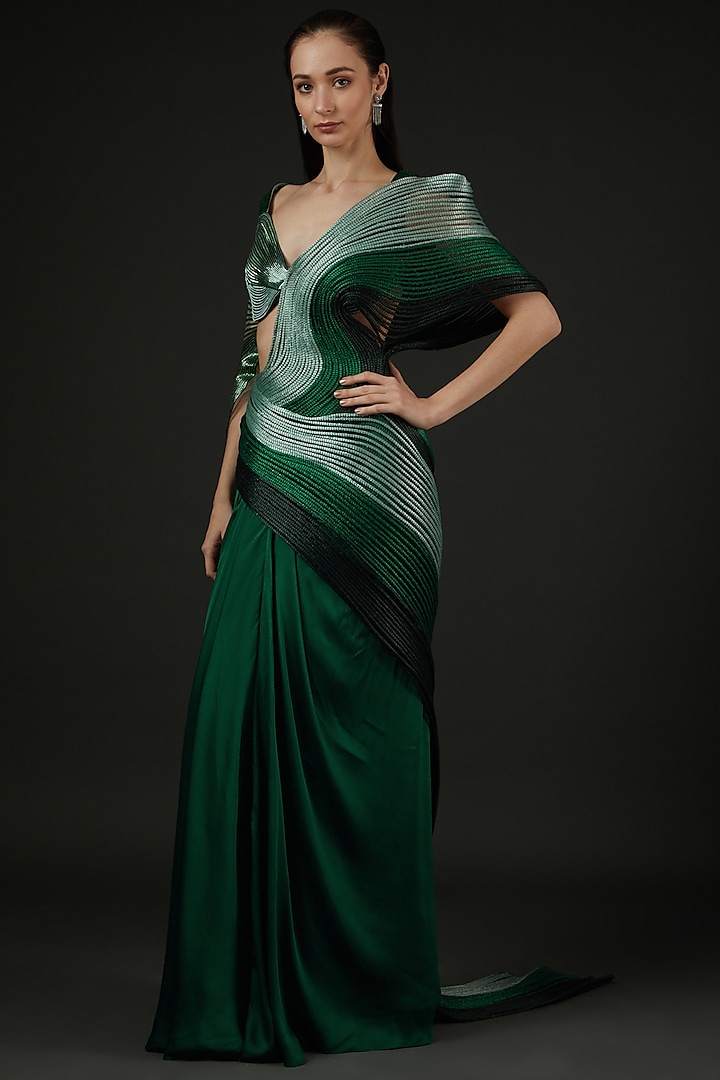 Emerald Green Ombre Jersey Saree Set by Amit Aggarwal