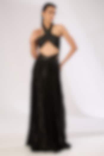 Black Crepe Chiffon Skirt Set by Amit Aggarwal at Pernia's Pop Up Shop