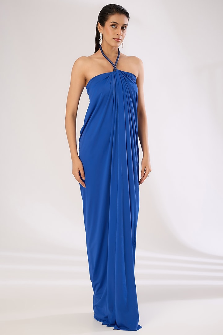 Royal Blue Metallic Polymer & Crepe Chiffon Engagement Gown by Amit Aggarwal at Pernia's Pop Up Shop