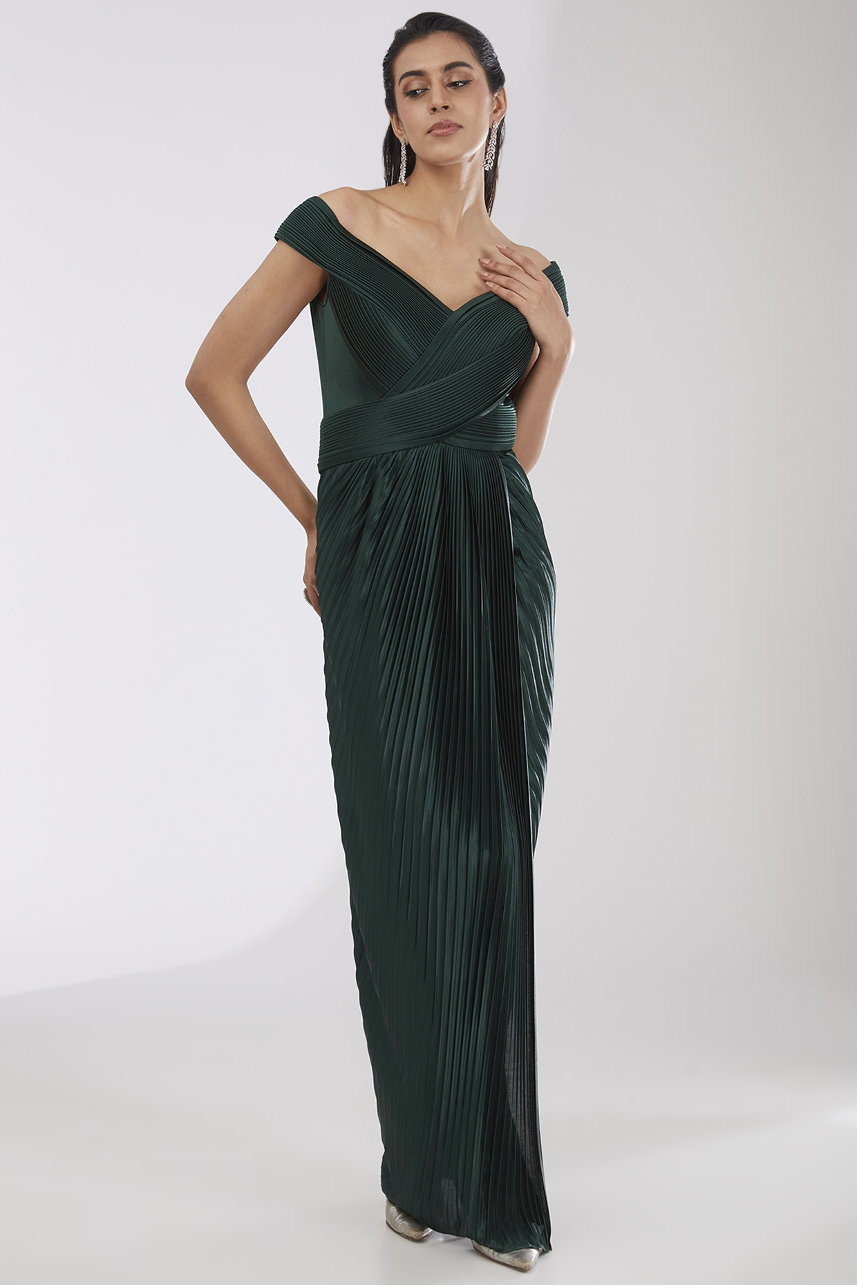 Emerald Green Crepe Chiffon & Metallic Polymer Engagement Gown by Amit Aggarwal at Pernia's Pop Up Shop