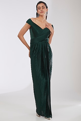 Emerald Green Crepe Chiffon & Metallic Polymer Gown by Amit Aggarwal