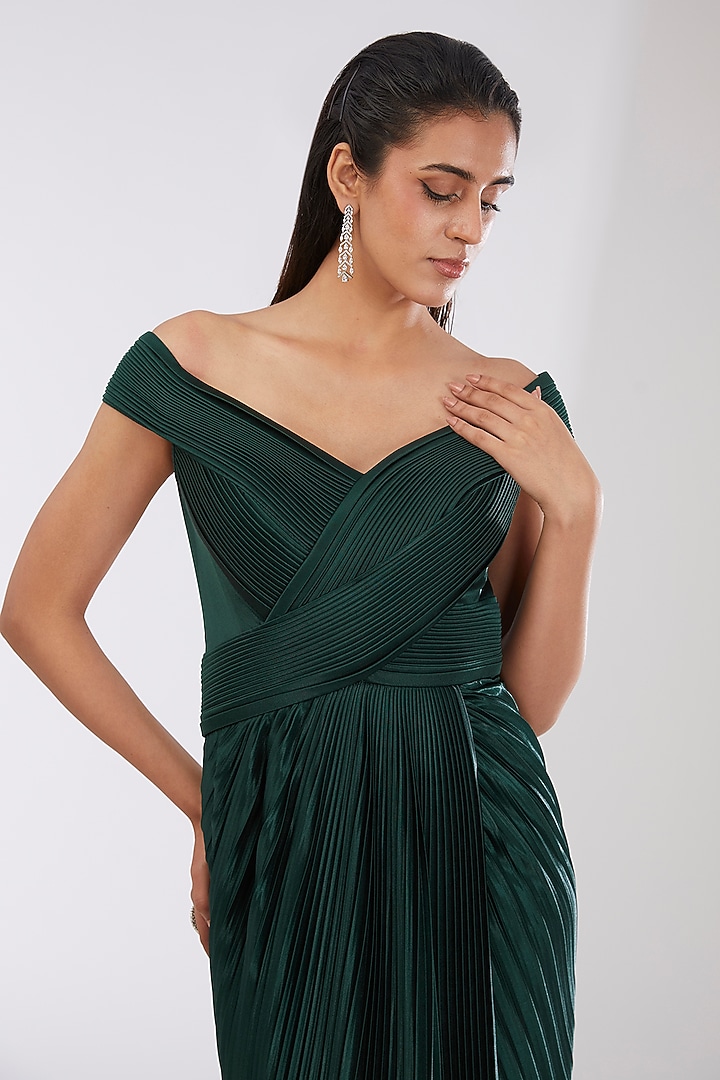 Emerald Green Crepe Chiffon & Metallic Polymer Engagement Gown by Amit Aggarwal at Pernia's Pop Up Shop
