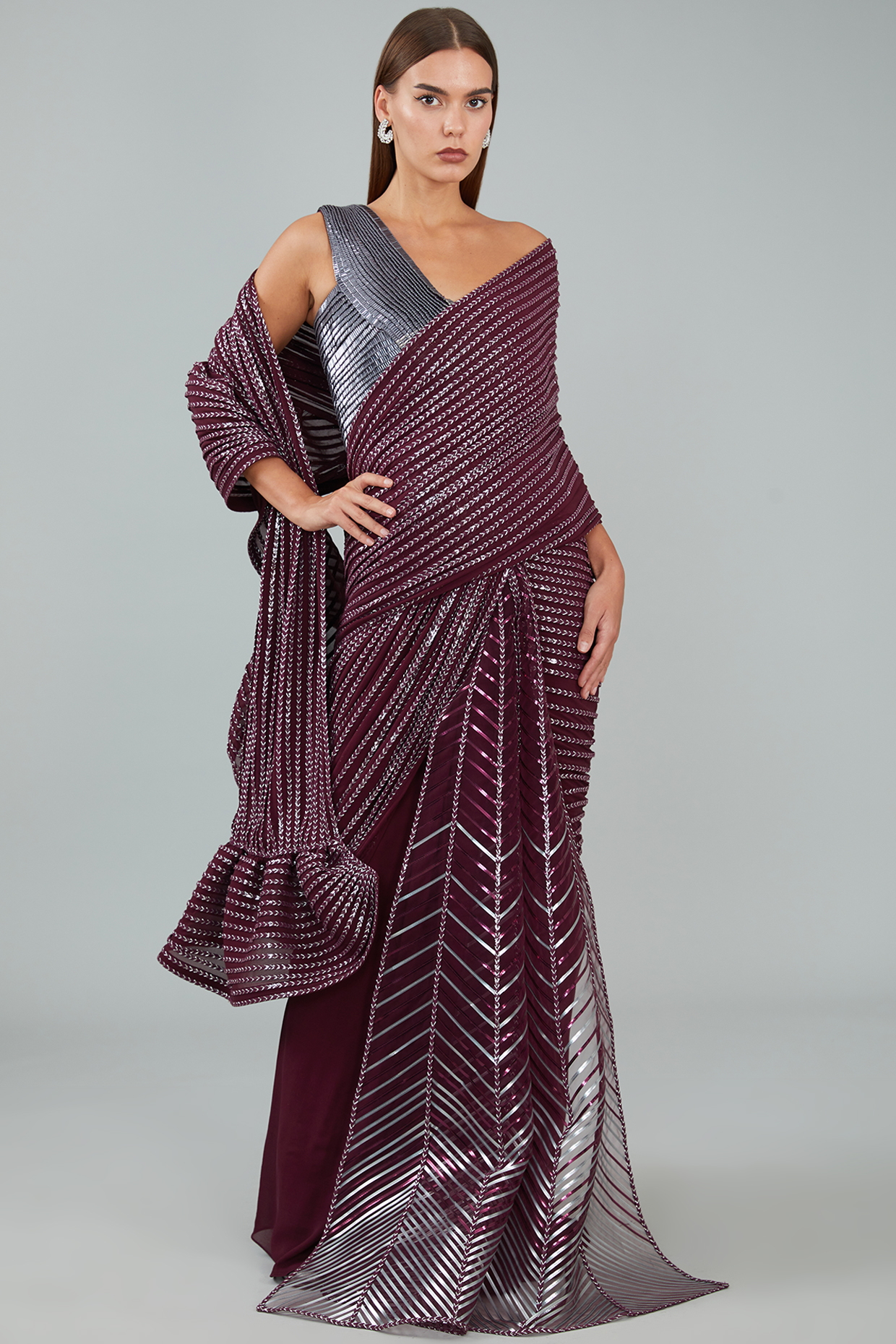 Plum Metallic Polymer Draped Bridal Gown Saree by Amit Aggarwal at Pernia's Pop Up Shop