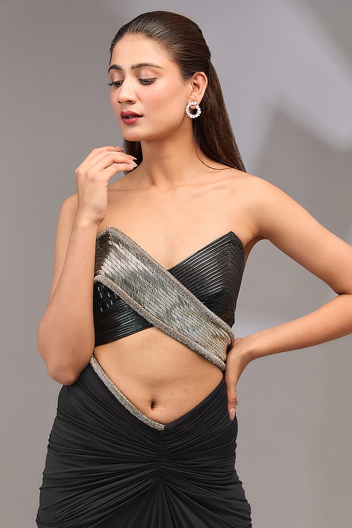 Black Metallic Polymer & Crepe Chiffon Skirt Set by Amit Aggarwal at Pernia's Pop Up Shop