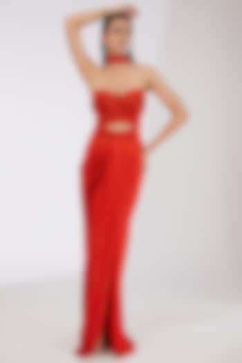 Red Crepe Chiffon & Metallic Polymer Draped Skirt Set by Amit Aggarwal at Pernia's Pop Up Shop