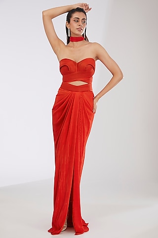 Red Crepe Chiffon & Metallic Polymer Draped Skirt Set by Amit Aggarwal