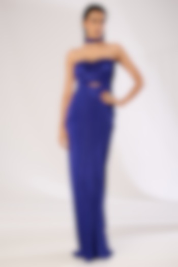 Royal Blue Crepe Chiffon Skirt Set by Amit Aggarwal at Pernia's Pop Up Shop