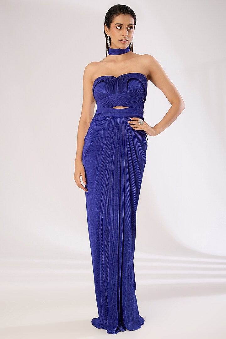 Royal Blue Crepe Chiffon Skirt Set by Amit Aggarwal at Pernia's Pop Up Shop