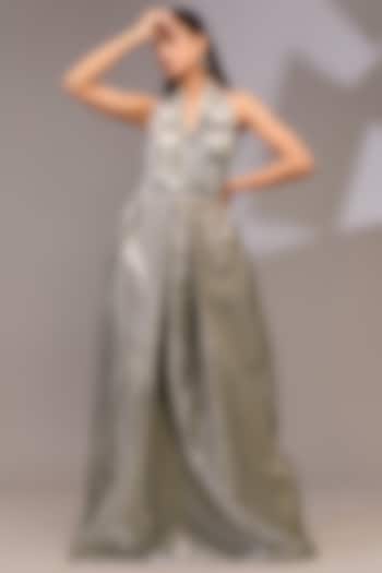 Silver Metallic Polymer & Crepe Chiffon Gown by Amit Aggarwal