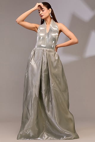 Silver Metallic Polymer & Crepe Chiffon Gown by Amit Aggarwal