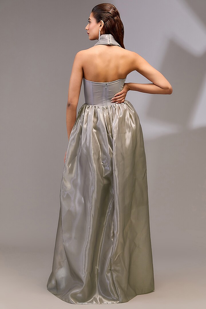 Silver Metallic Polymer & Crepe Chiffon Engagement Gown by Amit Aggarwal at Pernia's Pop Up Shop