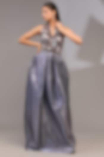 Pewter Grey Metallic Polymer & Crepe Chiffon Gown by Amit Aggarwal