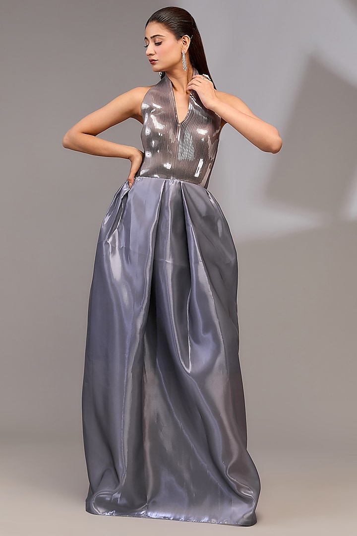 Pewter Grey Metallic Polymer & Crepe Chiffon Gown by Amit Aggarwal