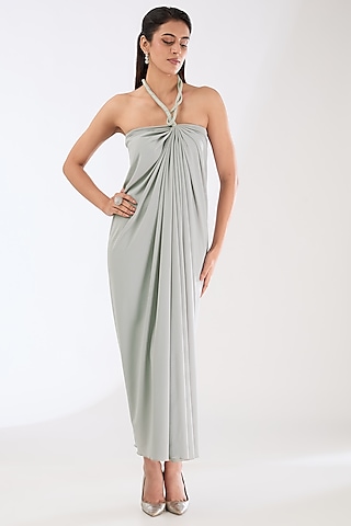 Silver Lycra Maxi Dress by Amit Aggarwal