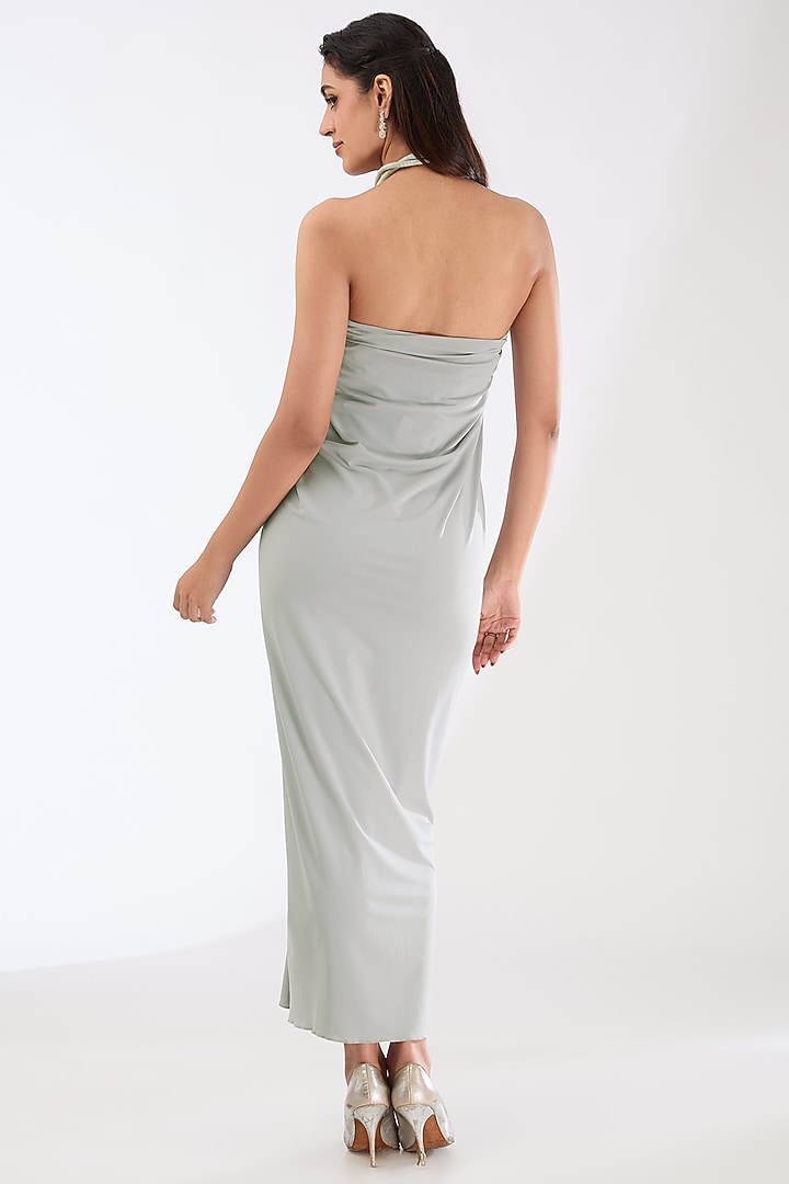 silver lycra dress A-line Silver Metallic Dress Ruffles Long Prom Dress With Slit sew1063 SELINADRESS