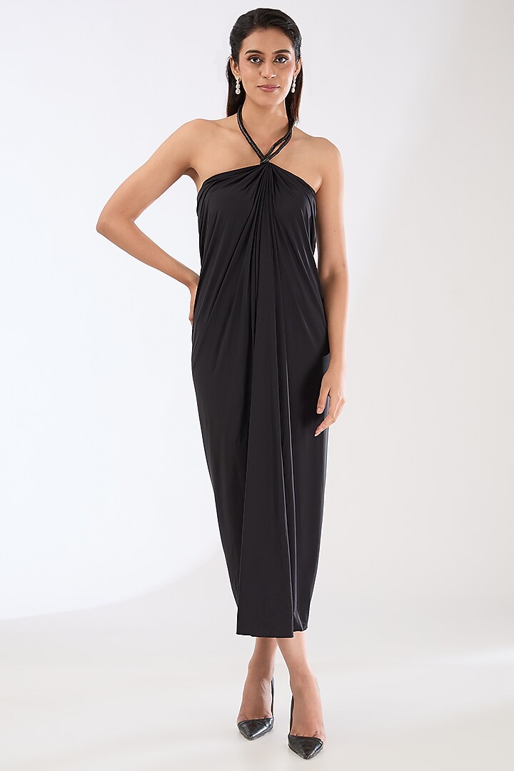 Black Lycra Maxi Cocktail Dress by Amit Aggarwal at Pernia's Pop Up Shop