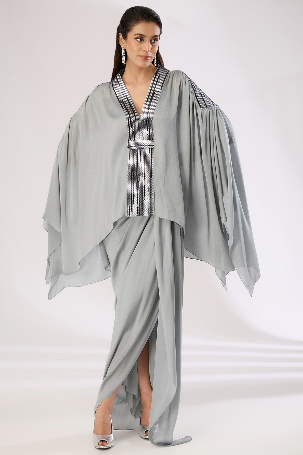 Silver Chiffon Dhoti Skirt by Amit Aggarwal at Pernia's Pop Up Shop