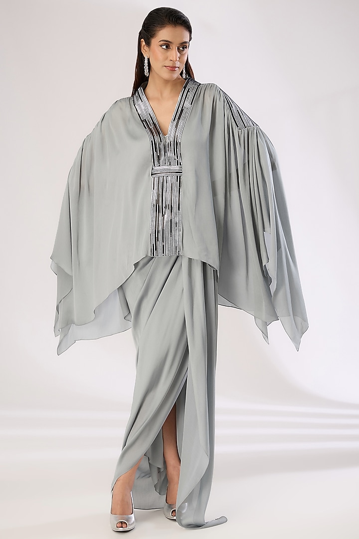 Silver Chiffon Dhoti Skirt by Amit Aggarwal at Pernia's Pop Up Shop