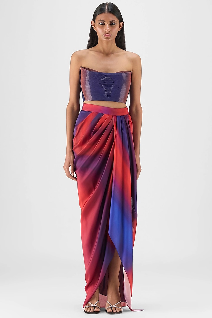 Red & Blue Ombre Metallic Micro Pleated Bustier by Amit Aggarwal at Pernia's Pop Up Shop