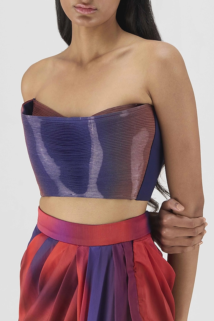 Red & Blue Ombre Metallic Micro Pleated Bustier by Amit Aggarwal at Pernia's Pop Up Shop