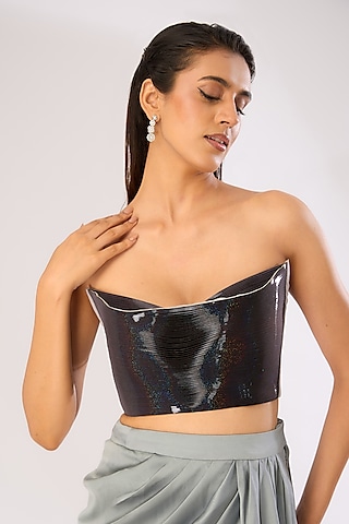 Black Metallic Polymer & Crepe Chiffon Top by Amit Aggarwal