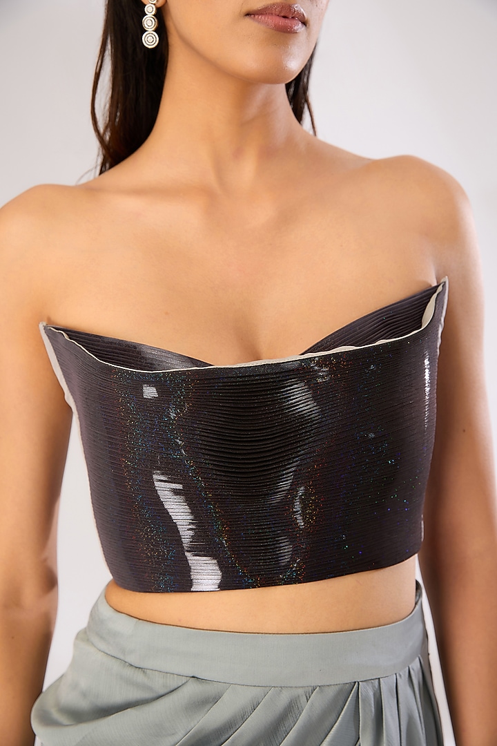 Black Metallic Polymer & Crepe Chiffon Top by Amit Aggarwal at Pernia's Pop Up Shop
