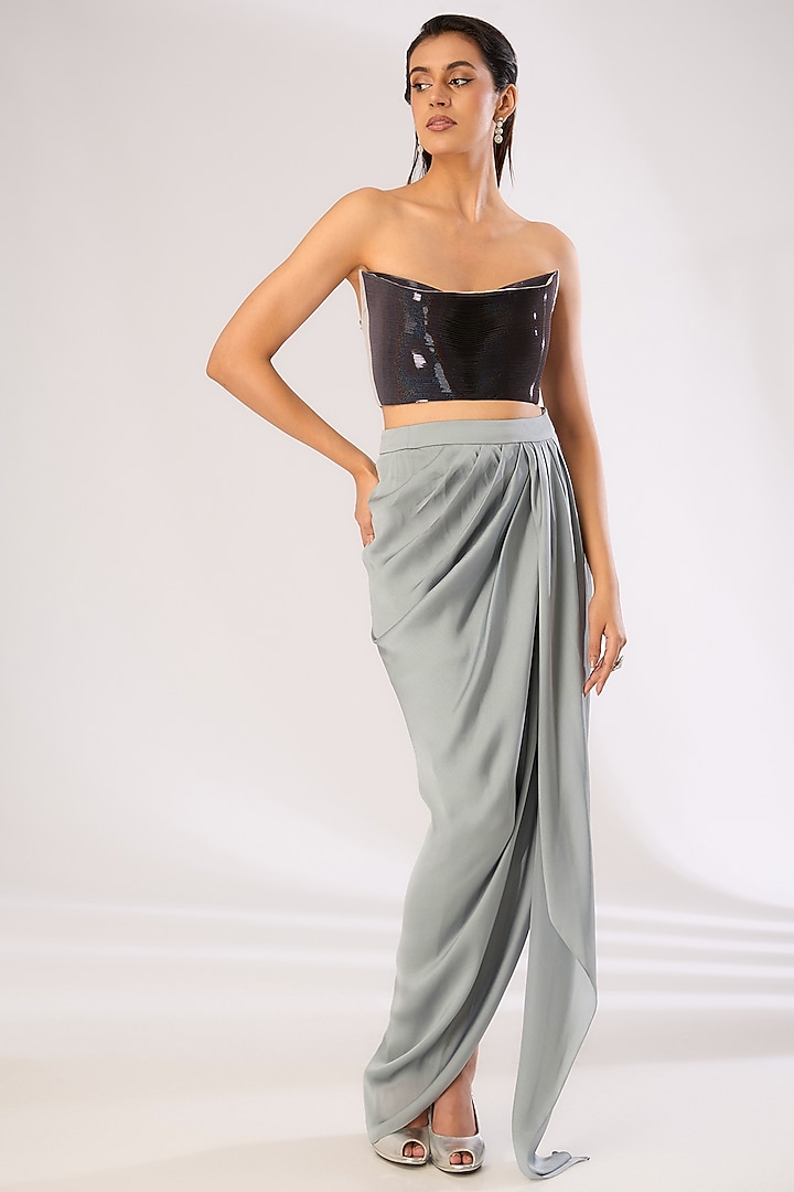 Black Metallic Polymer & Crepe Chiffon Top by Amit Aggarwal at Pernia's Pop Up Shop