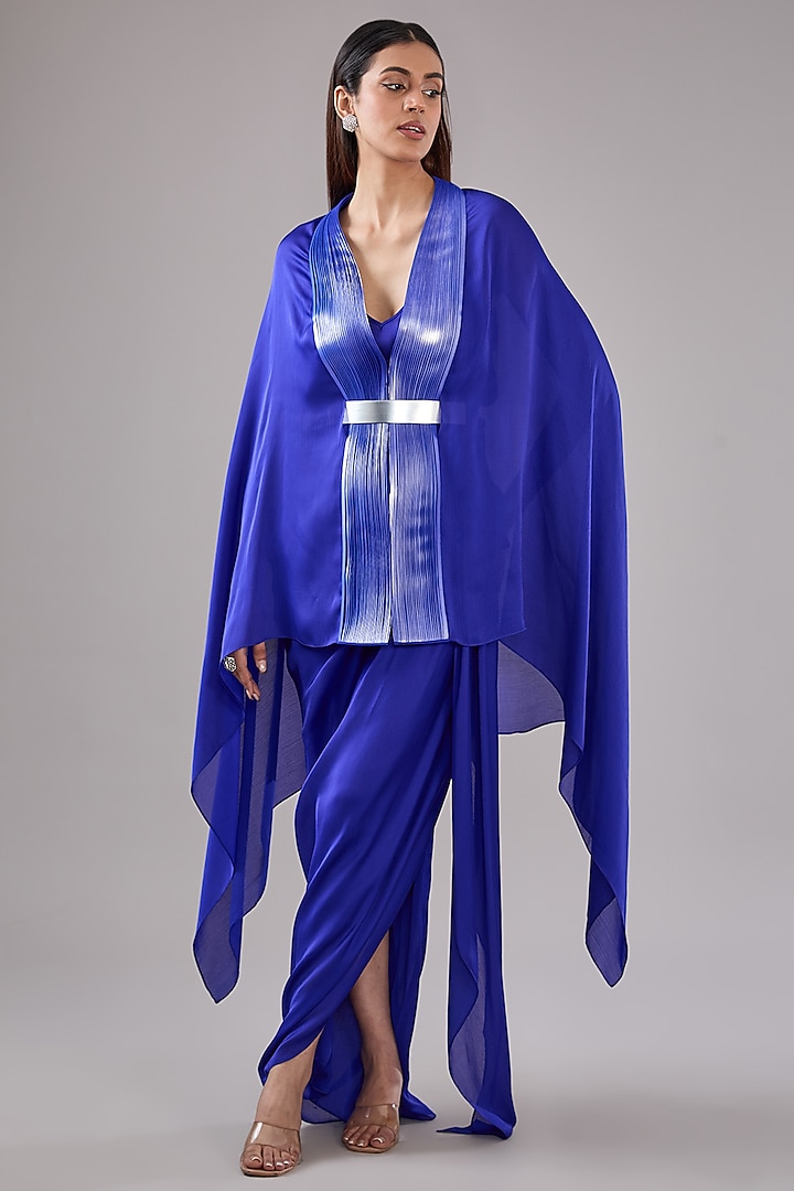 Blue Satin Chiffon Skirt by Amit Aggarwal at Pernia's Pop Up Shop