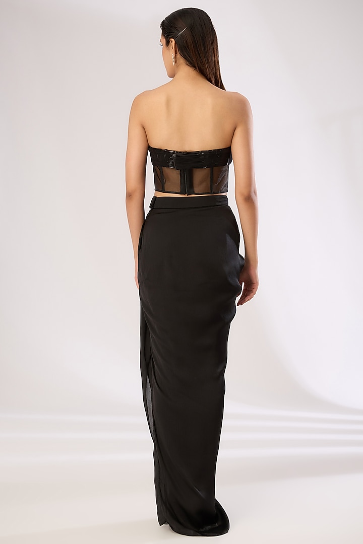 Black Metallic Polymer & Crepe Chiffon Bustier by Amit Aggarwal at Pernia's Pop Up Shop